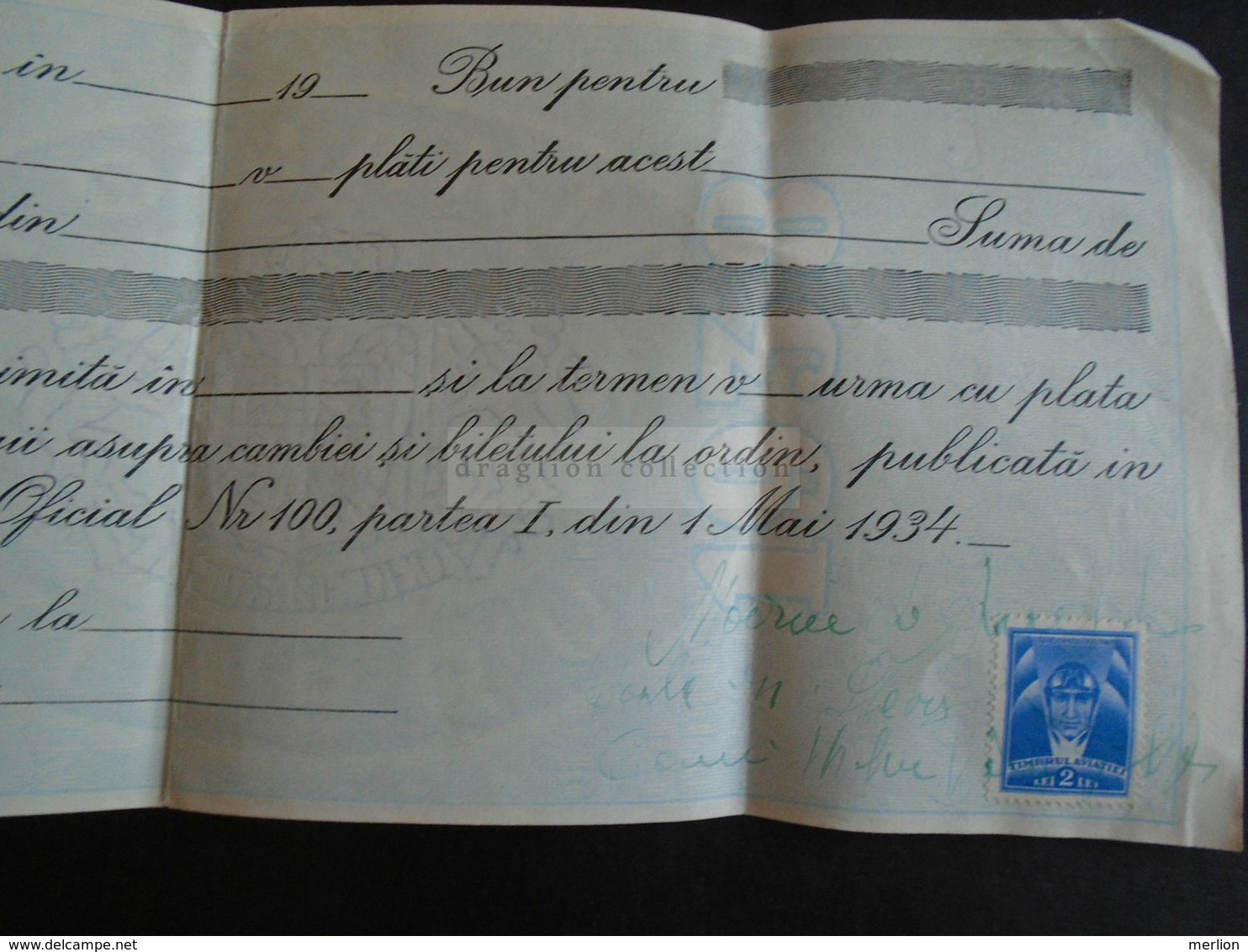 ZA321.17  Cheque -Bilet La Ordin - 1934  -Timbru Aviatiei  2 Lei - Vasile Baraca Comuna Mihai Voda Ilfov - Assegni & Assegni Di Viaggio