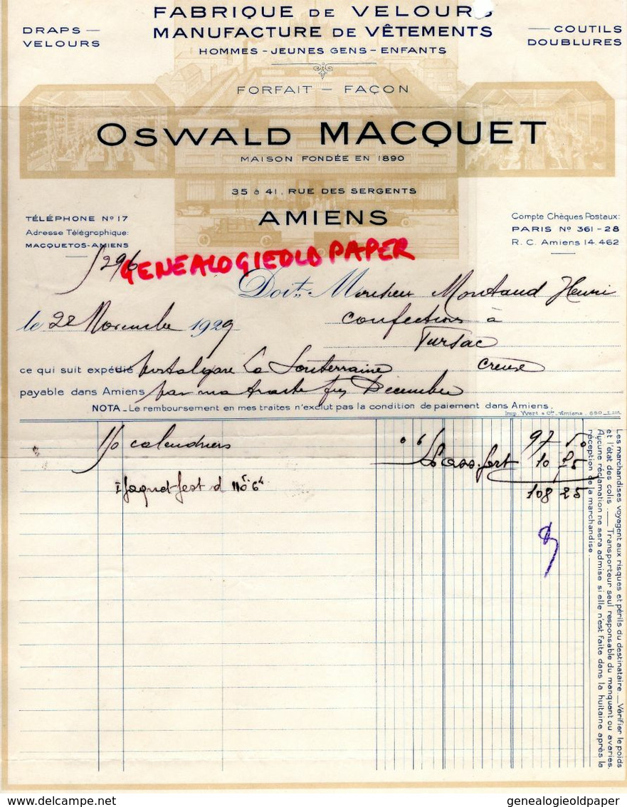 80- AMIENS- FACTURE OSWALD MACQUET-FABRIQUE VELOURS MANUFACTURE VETEMENTS-35 RUE DES SERGENTS- 1929 - Kleidung & Textil