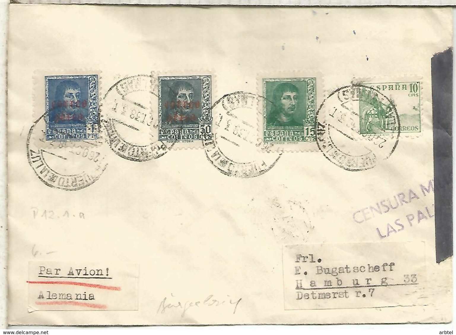 GUERRA CIVIL CANARIAS LAS PALMAS PUERTO DE LA LUZ 1938 CON VIÑETAS BENEFICAS CENSURA MILITAR - Storia Postale