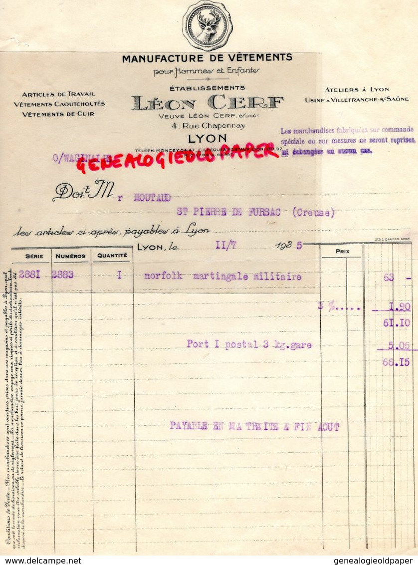 69- LYON- FACTURE LEON CERF- CONFECTION MANUFACTURE VETEMENTS-4 RUE CHAPONNAY- 1935 - Textile & Clothing