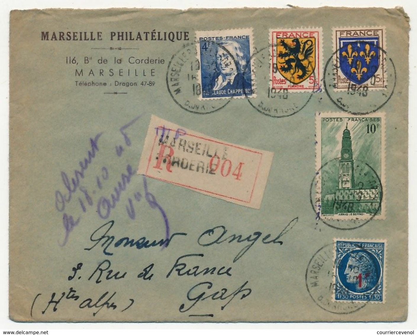 FRANCE - Env. Rec. Marseille Corderie 1948 - Affranchissement Composé Dont Blasons - Lettres & Documents