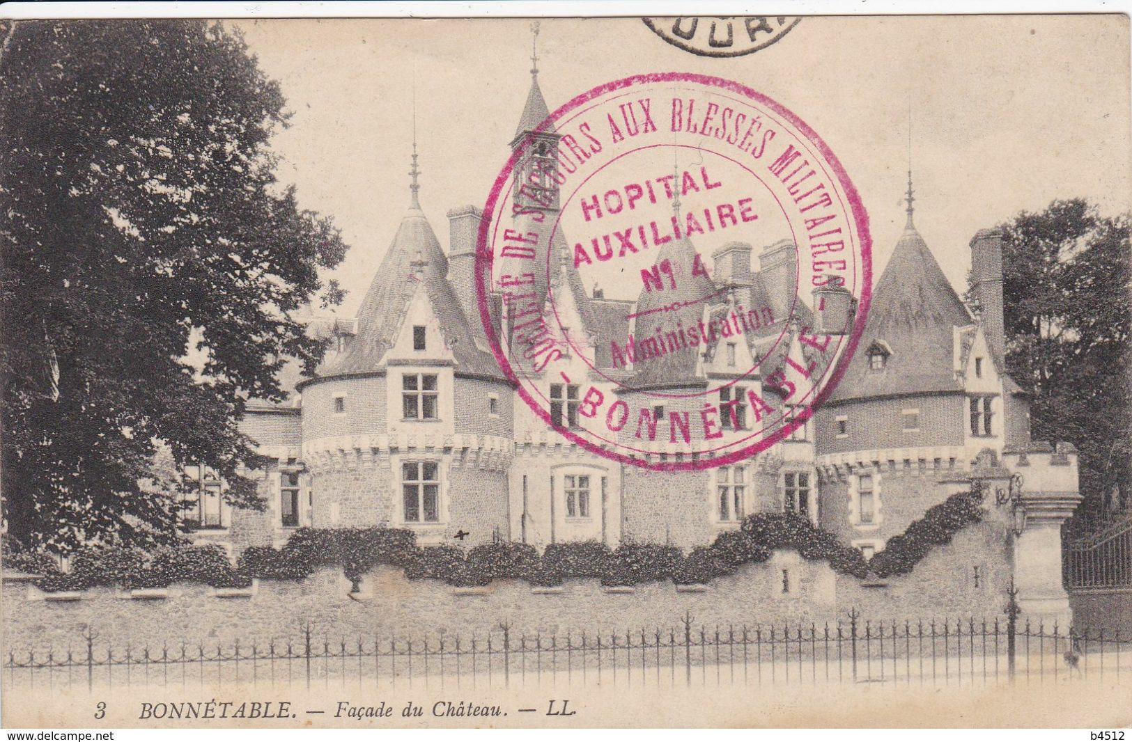 72 BONNETABLE Façade Du Château , Marcophilie Tampon Hôpital Militaire Auxiliare N° 14,société De Secours Aux Blessés - Bonnetable