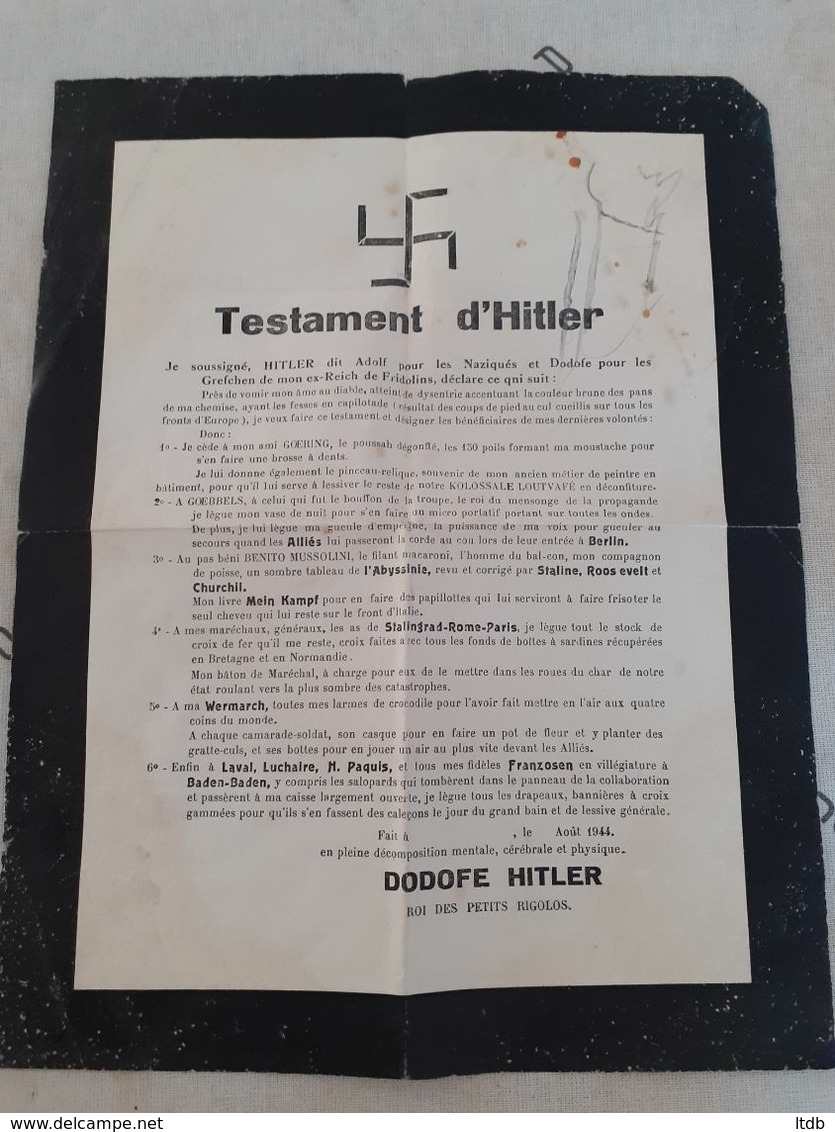 Faire Part Testament D'Hitler 1944 Ww2 39 45 - Oorlog 1939-45