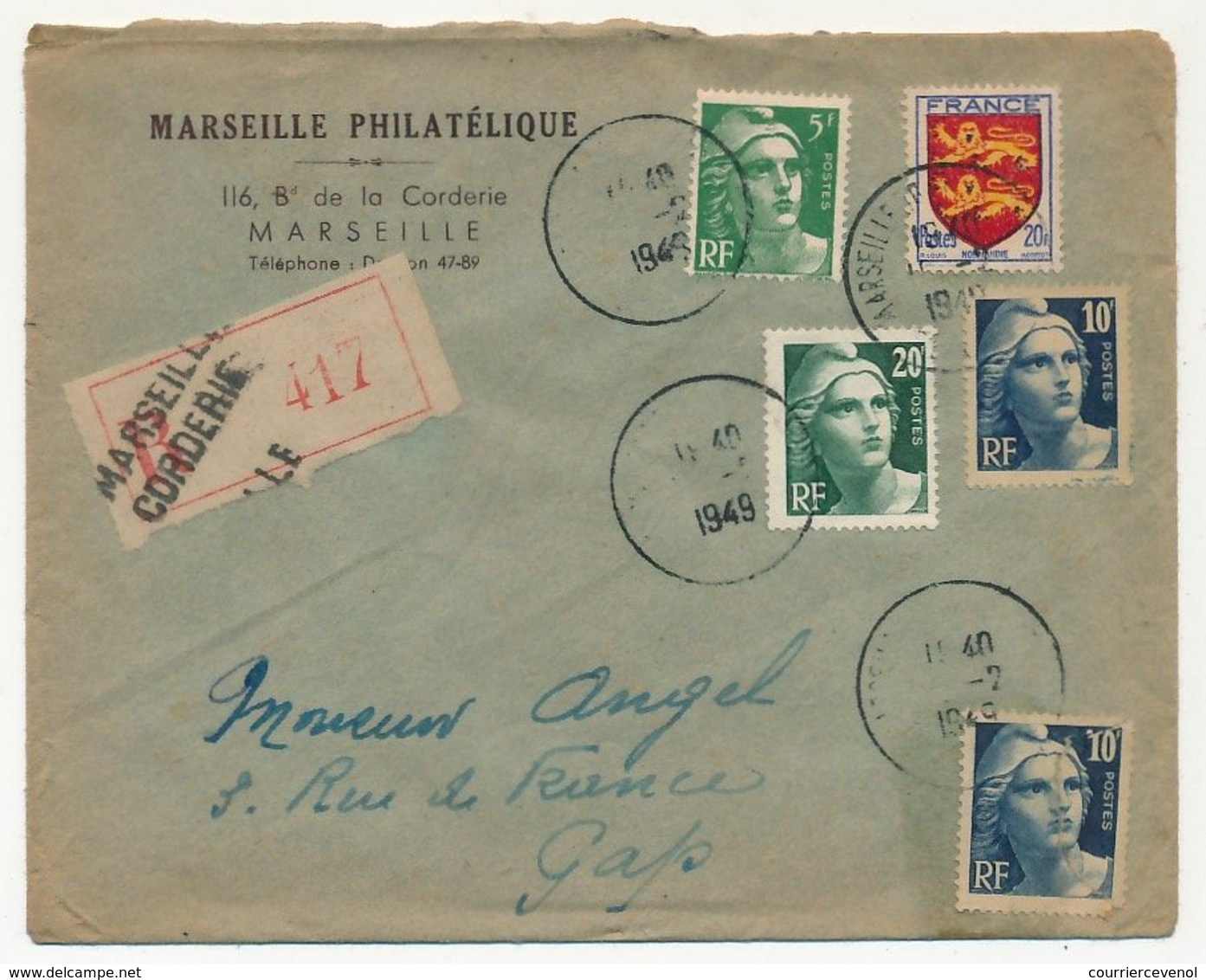 FRANCE - Env. Rec. Marseille Corderie Affr 20c Normandie + Gandons (un Ex Abimé En Angle Inf Droit) 1949 - Briefe U. Dokumente