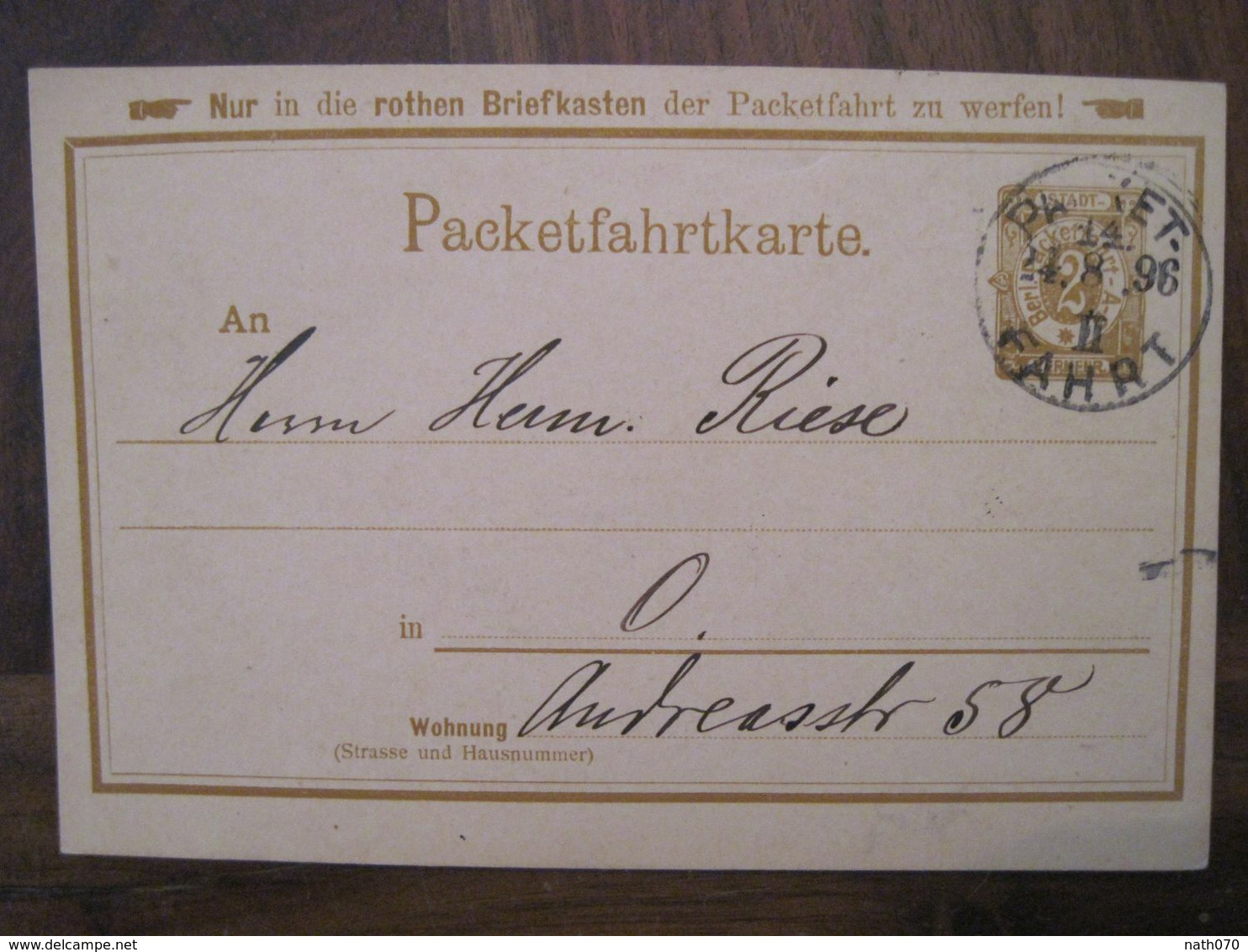 1896 PacketFahrtKarte Privat Brief Post Cover Deutsches Reich Allemagne DR Poste Privée - Private & Lokale Post
