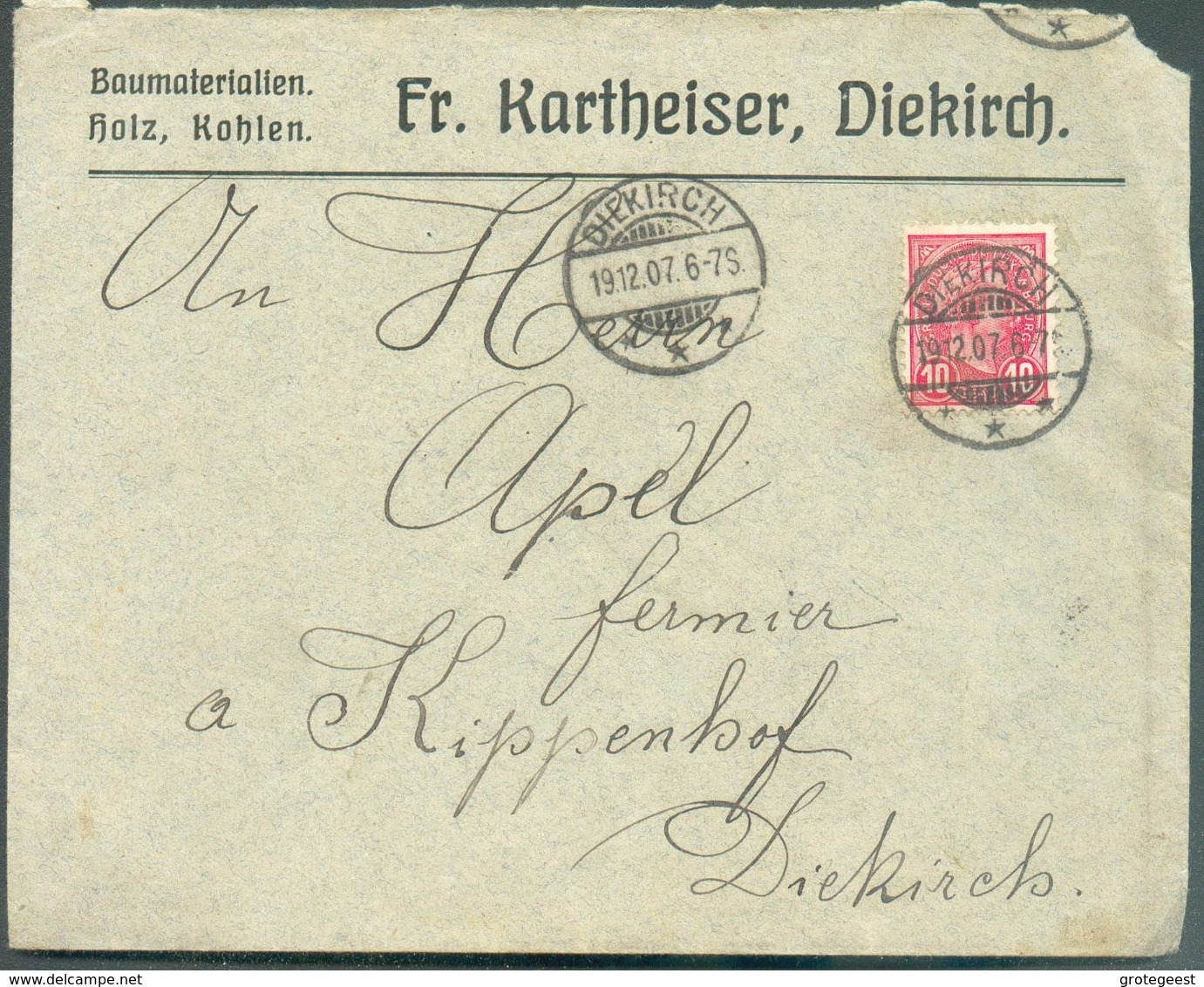 10 Centimes Rouge Obl. Dc DIEKIRCH Sur Lettre (Fr. Kartheiser Baumaterialien) Du 19-12-1907 Vers Diekirch - 15985 - 1895 Adolphe Profil