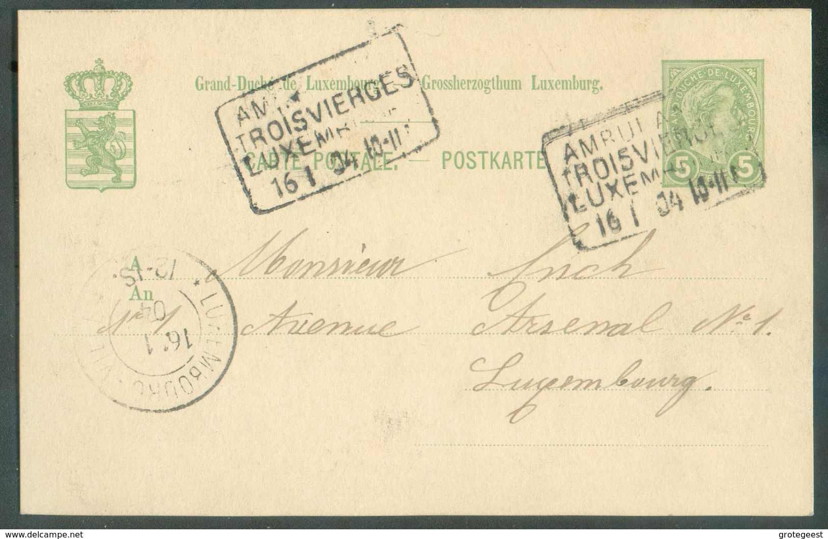 E.P. Carte 5 Centimes Obl. Griffe AMBULANT TROISVIERGES-LUXEMBOURG Du 16/01/1904 Vers Luxembourg - 15986 - Entiers Postaux