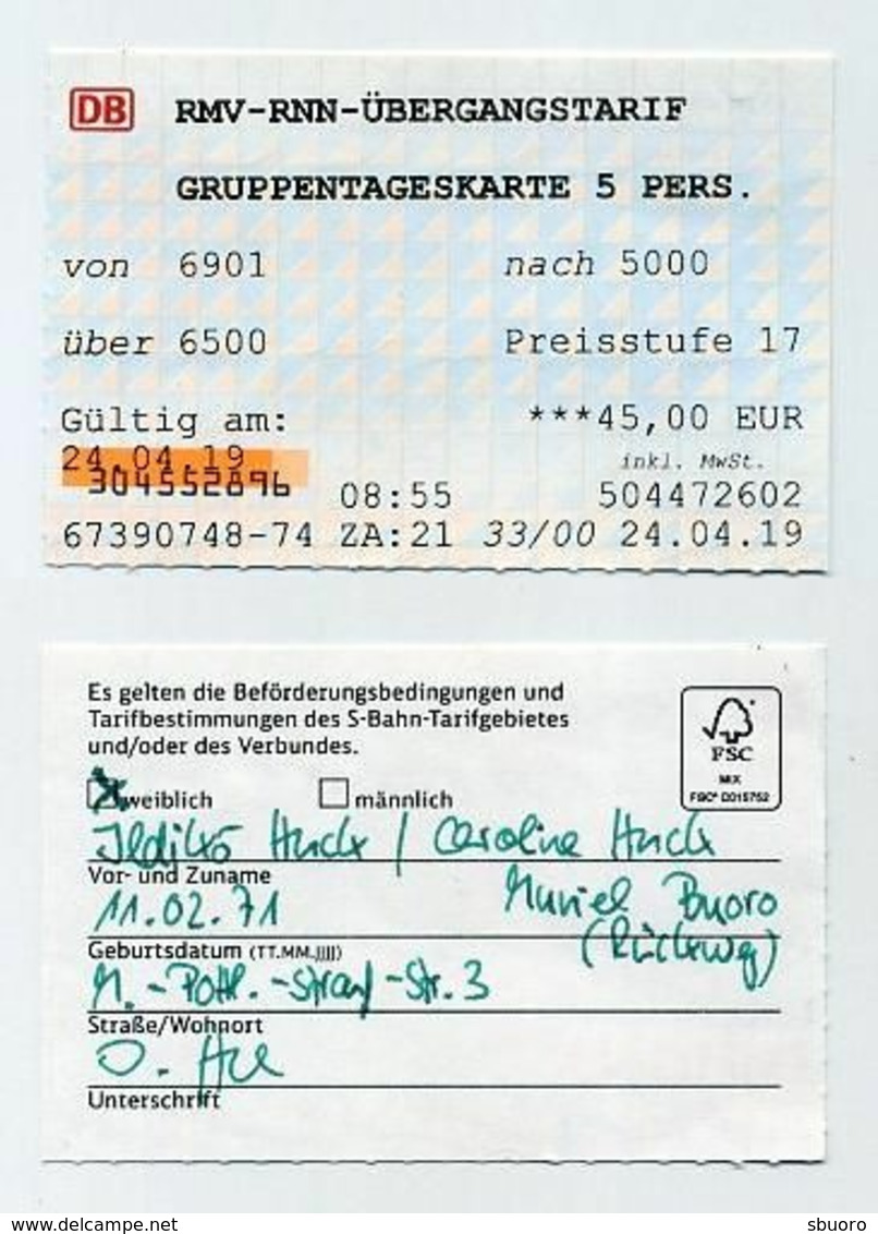 Ticket De Train 2019 Pour Une Journée Pour 5 Personnes, Allemagne. Gruppentageskarte 5 Personen, 2019 Deutschland - Europa