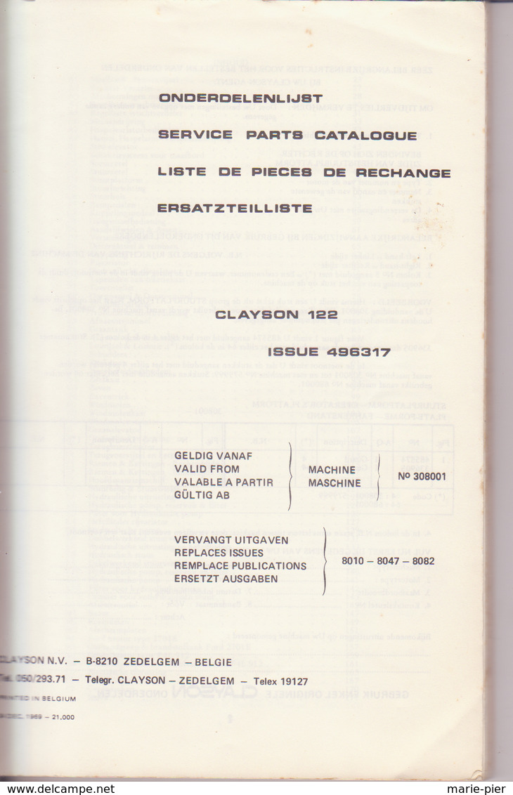 Documentation Moissonneuse Batteuse CLAYSON M 122 - Maschinen