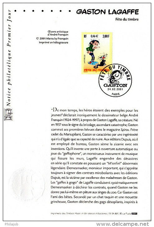 &#9989; " GASTON LAGAFFE " Sur Notice Officielle 1er Jour De 2001. N° YT 3370. Parfait état. FDC - Stripsverhalen