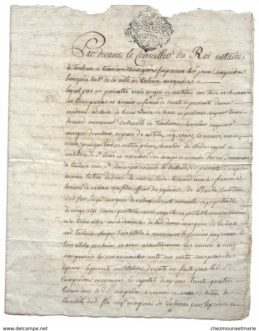 1779 CONSTITUTION RENTE ENTRE SIEUR CAMPREDON ET LA MARQUISE DE VALENCE ADELAIDE DE LEVIS VVE DU SEIGNEUR DE TIMBRUNE - Documents Historiques