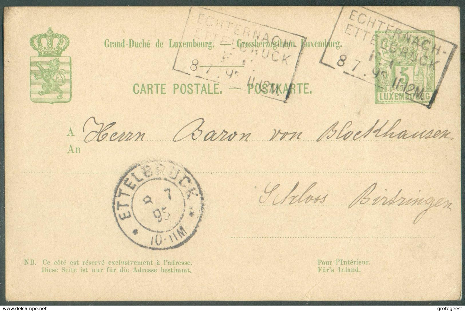 E.P. Carte 5 Centimes Obl. Griffe AMBULANT ECHTERNACH-ETTELBRUCK Du 8/07/1895 Vers Birtrange - 15988 - Postwaardestukken