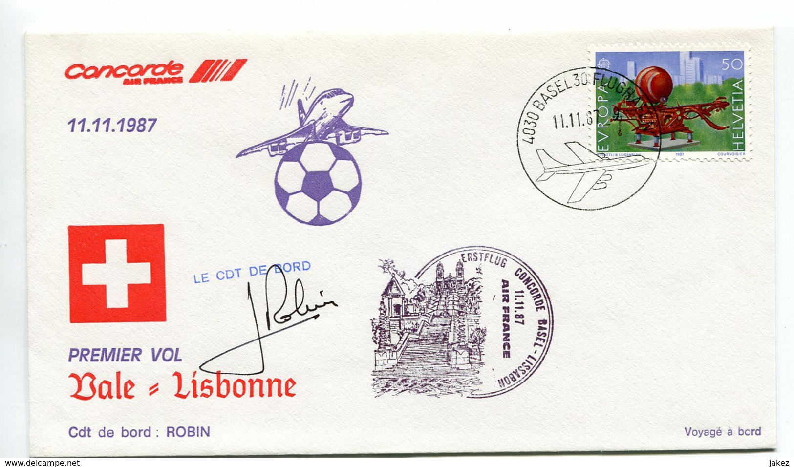 1er Vol CONCORDE BALE - LISBONNE - MALTE - BALE 11, 13, 15 Novembre 1987. 3 Enveloppes - Airplanes