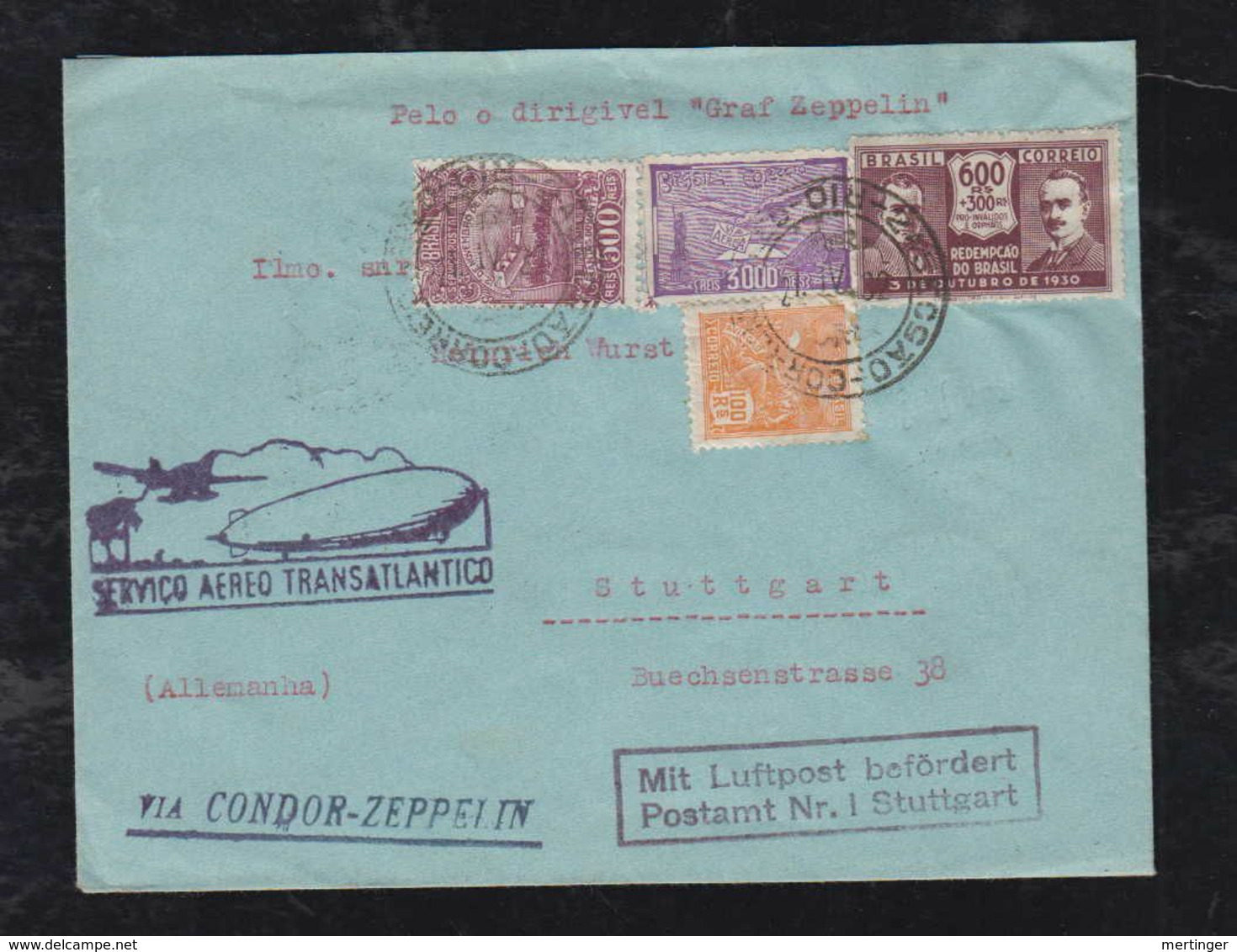 Brazil Brasil 1932 Zeppelin Cover RIO To STUTTGART Germany Sieger 151B - Poste Aérienne (Compagnies Privées)