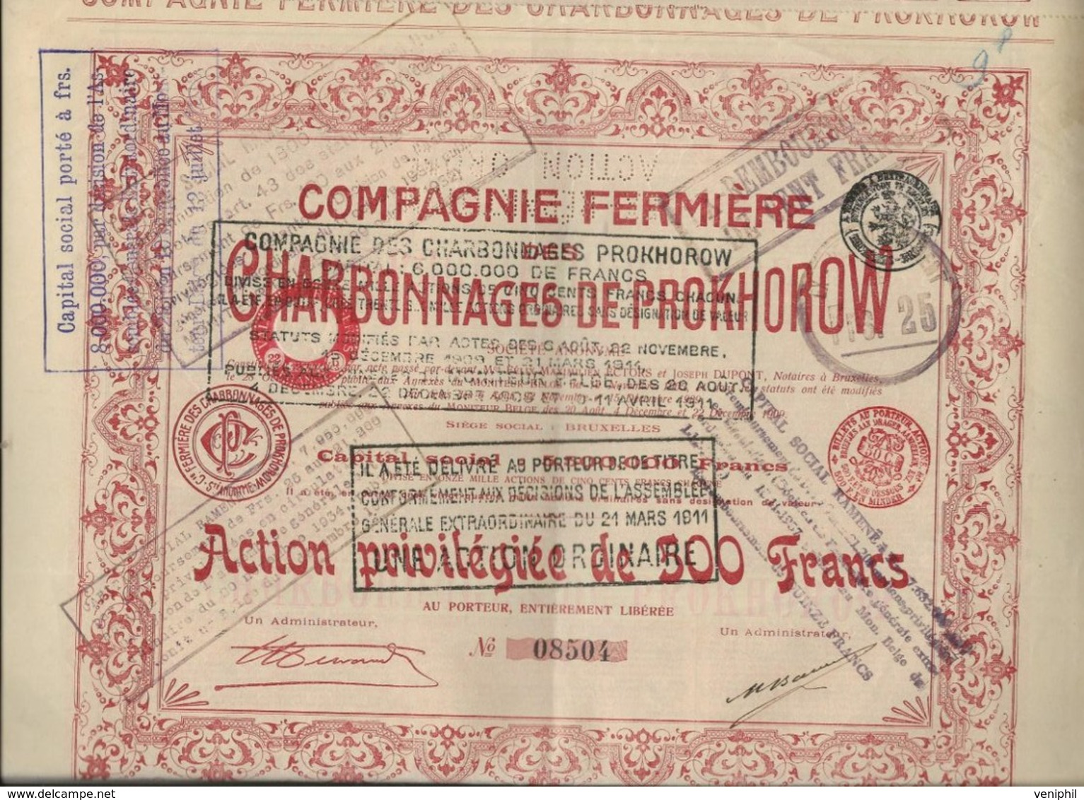 COMPAGNIE FERMIERE DES CHARBONNAGES DE PROKHOROW -ACTION DE 500 FRS -ANNEE 1911 - Mineral