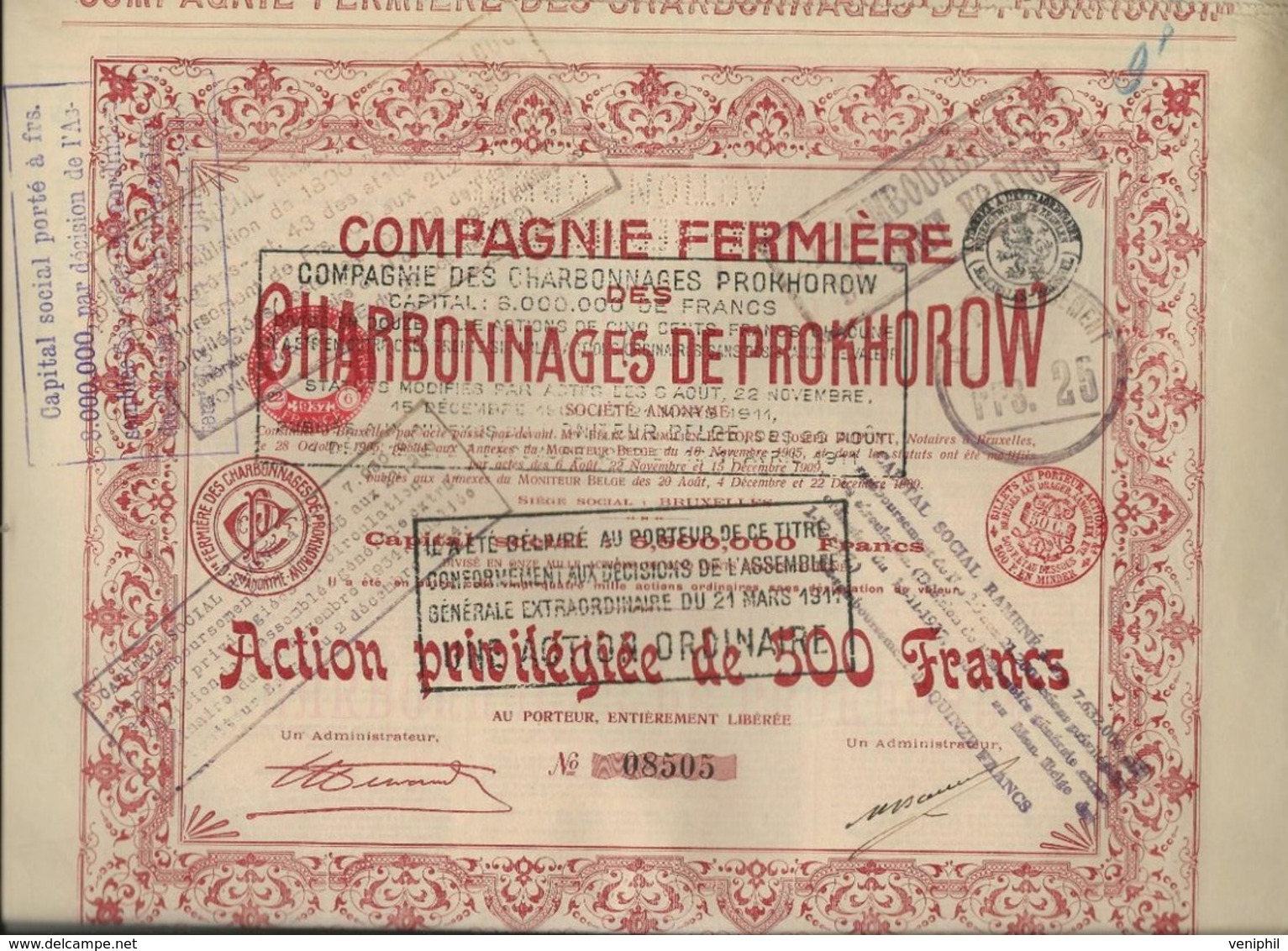 COMPAGNIE FERMIERE DES CHARBONNAGES DE PROKHOROW - LOT DE 8 ACTIONS -1905 - Mines