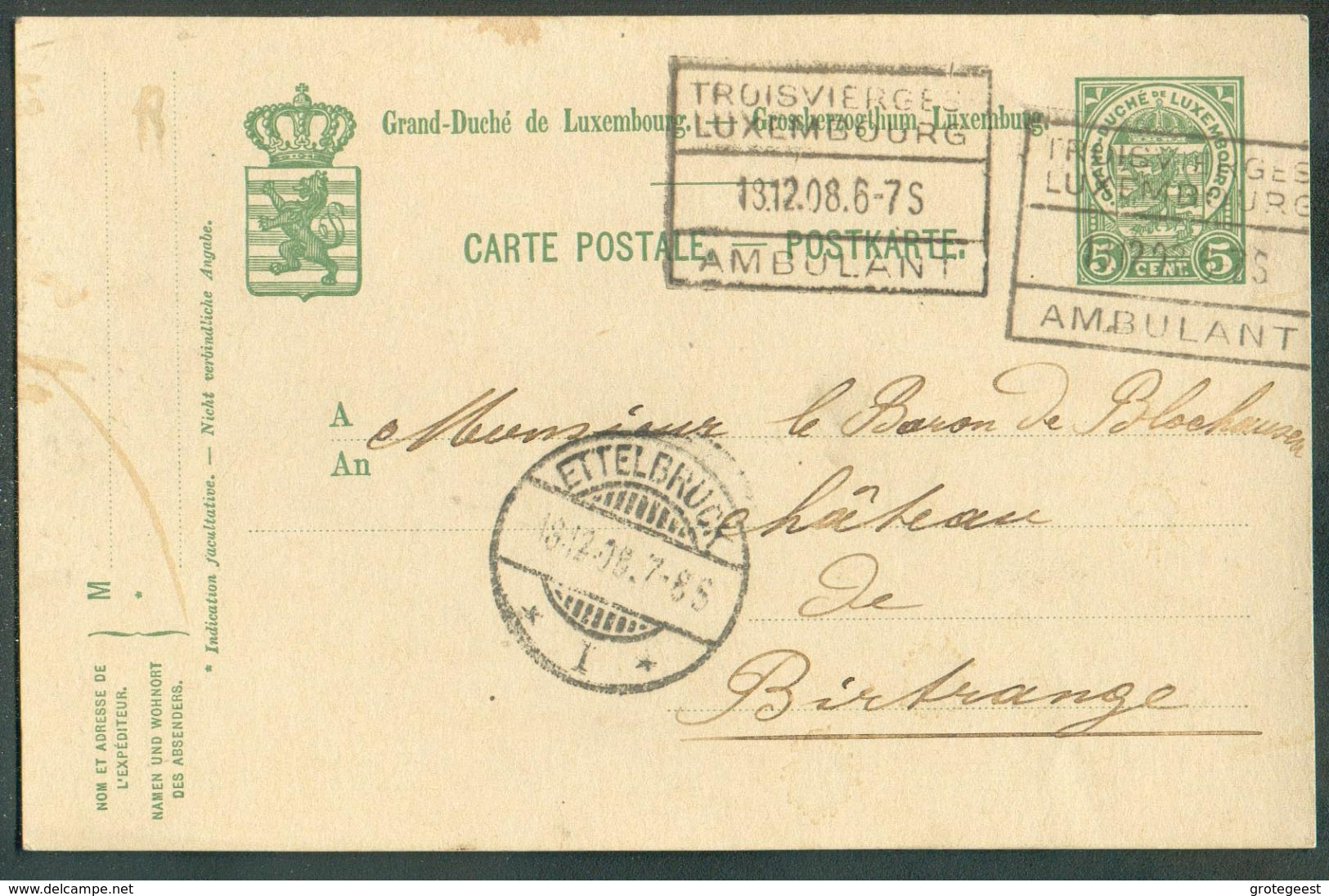 E.P. Carte 5 Centimes Obl. Griffe TROISVIERGES-LUXEMBOURG AMBULANT Du 15/12/1908 Vers Birtrange - 15989 - Postwaardestukken