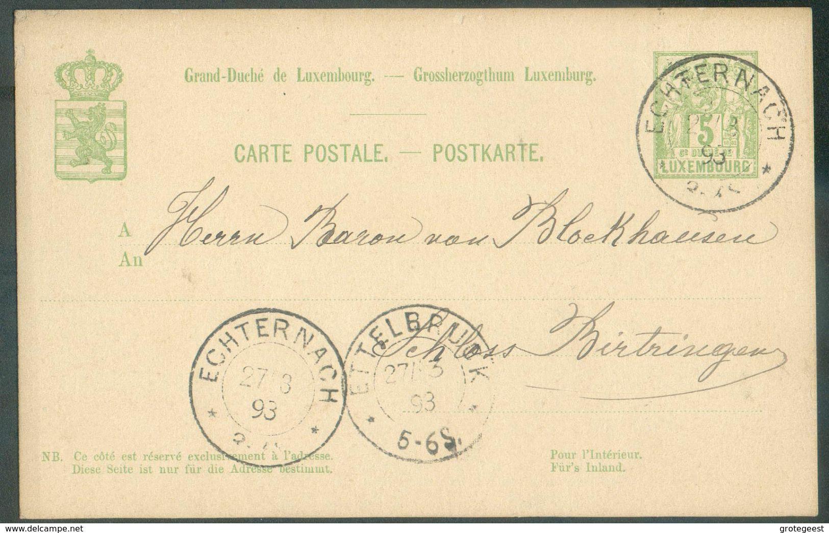 E.P. Carte 5 Centimes Obl. Dc ECHTERNACH  Du 27/03/1893 Vers Birtrange - 15990 - Interi Postali