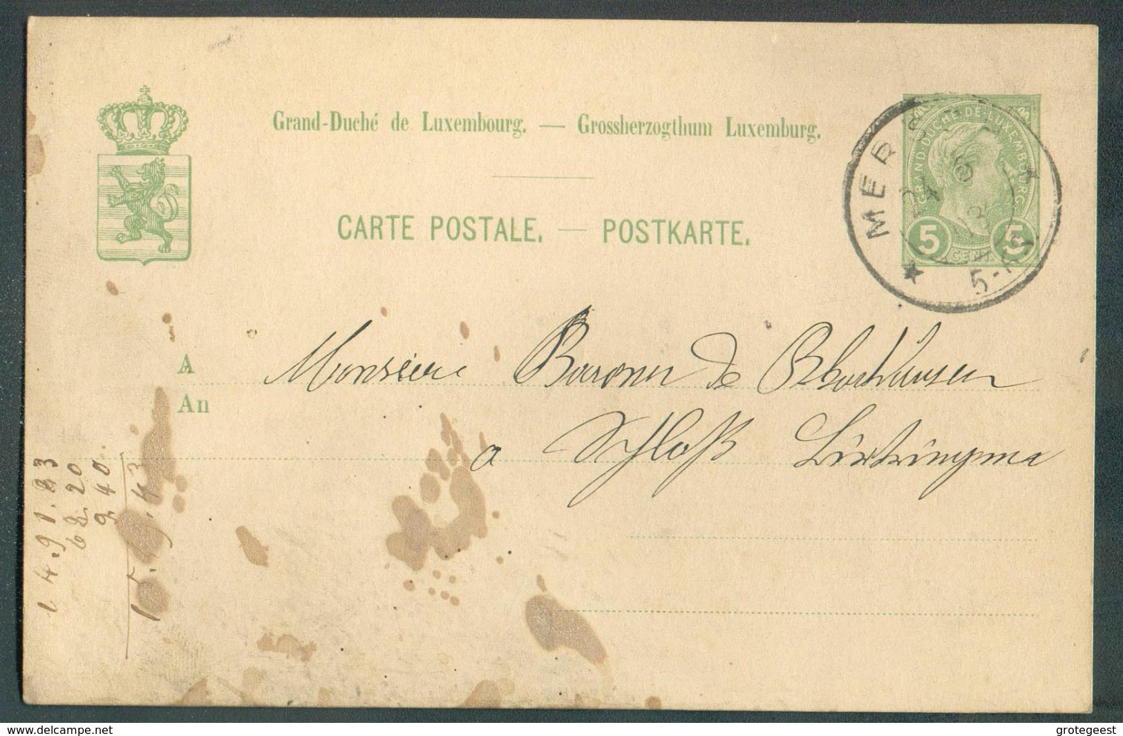 E.P. Carte 5 Centimes Obl. Dc MERSCH Du 24/06/1903 Vers Ettelbruck - 15993 - Entiers Postaux