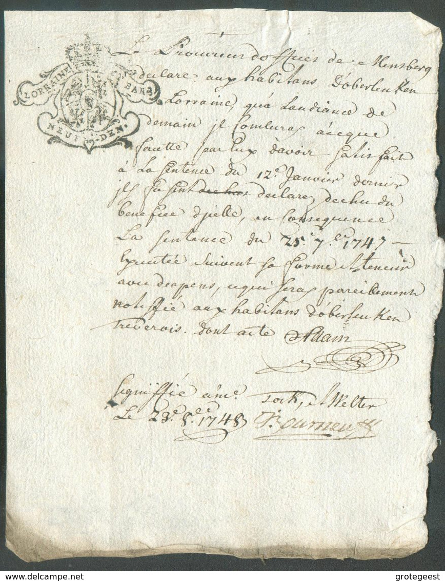 ACte Avec Cachet Fiscal De 9 DENIERS LORRAINE Et BAR. Fait à Mesnberg Le 23 Octobre 1748 - 15995 - Fiscale Zegels