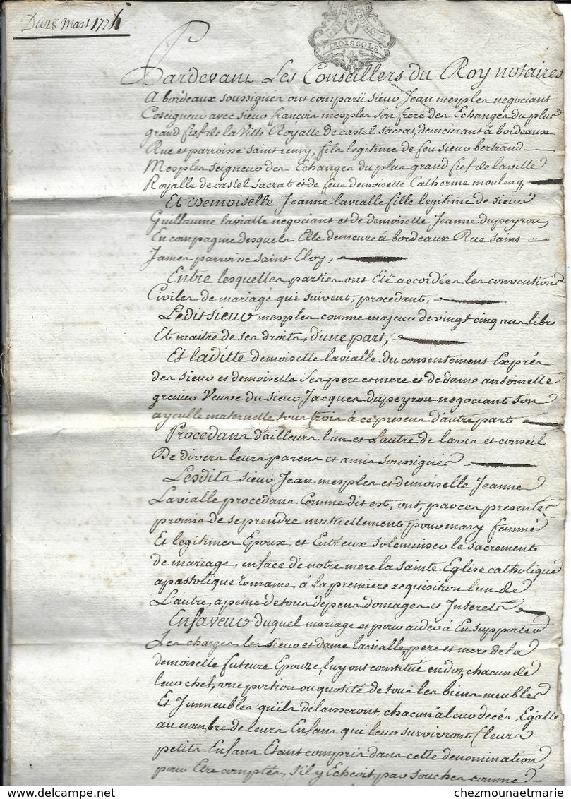 CONTRAT DE MARIAGE 1774 JEAN MESPLES SEIGNEUR DES ECHANGES VILLE ROYALE DE CASTEL AVEC LAVIALLE BORDEAUX - Documents Historiques