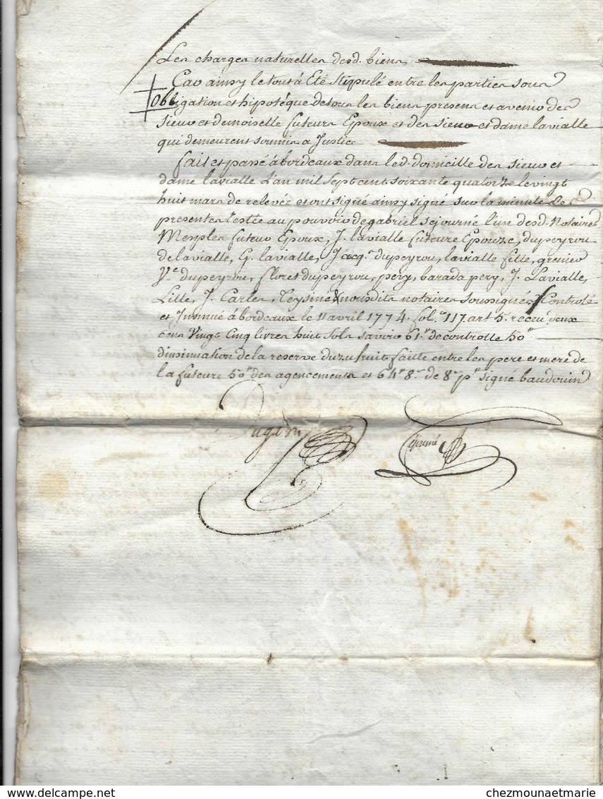 CONTRAT DE MARIAGE 1774 JEAN MESPLES SEIGNEUR DES ECHANGES VILLE ROYALE DE CASTEL AVEC LAVIALLE BORDEAUX - Documents Historiques