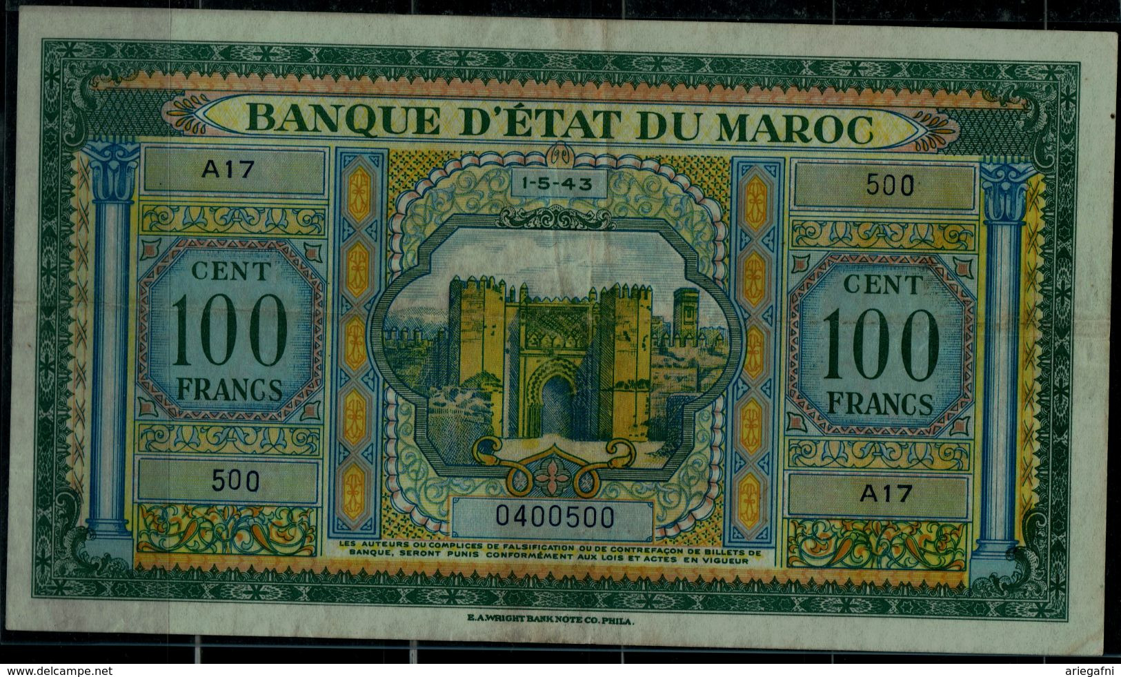 MOROCO 1943 BANKNOTES 100 FRANK VF!! - Marocco