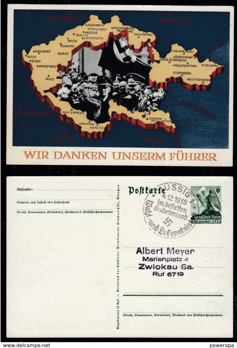 DR P 275 , Propagandakarte-WIR DANKEN UNSERM FÜHRER-Stempel AUSSIG 4.12.38 - Otros & Sin Clasificación