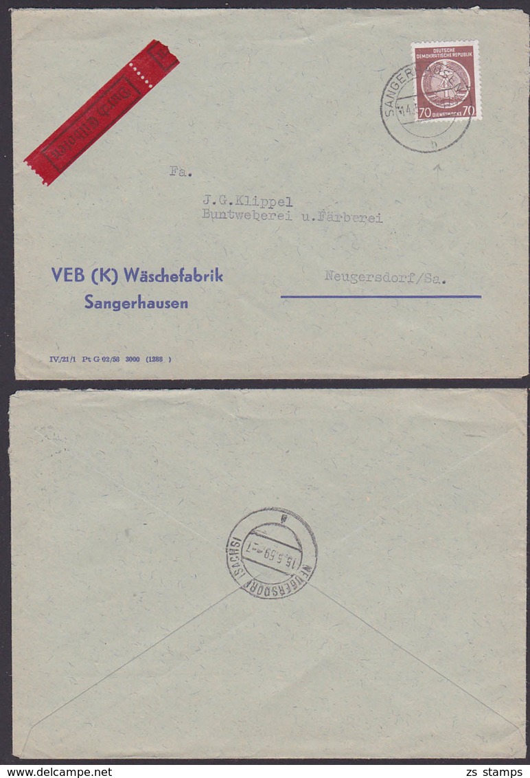 Sangerhausen 14.5.59 70 Pfg. Dienstmarke, Eilbrief Nach Neugersdorf DDR B16, VEB (K) Wäschefabrik, Rs. Eing.-Stpl - Autres & Non Classés