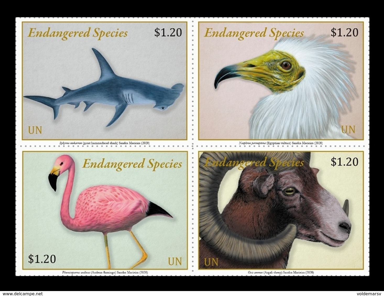 United Nations (New York) 2020 Mih. 1731/34 Fauna. Endangered Species. Shark. Birds. Vulture. Flamingo. Sheep MNH ** - Unused Stamps