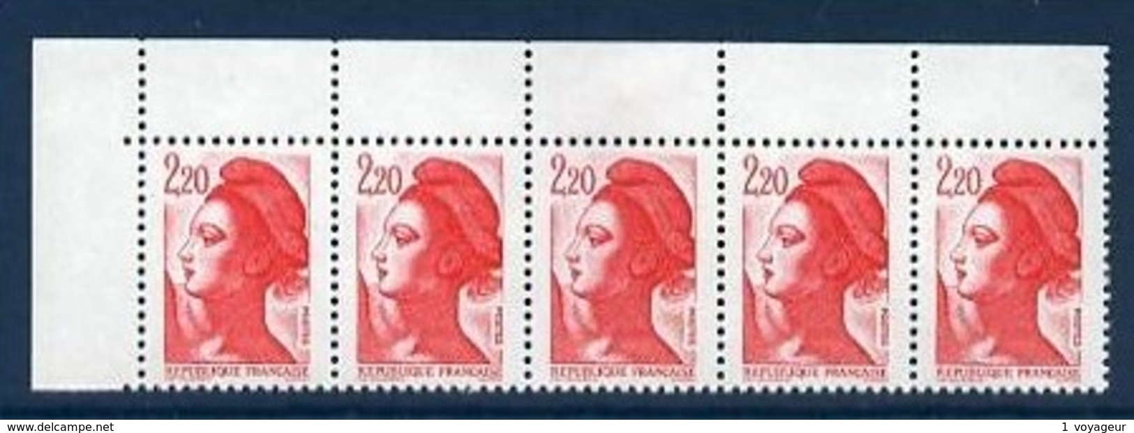 2376 - 2F20 Rouge - Variété  "Filet Du Haut Absent" - Bande De 5 Coin De Feuille - Neuf N** - 1982-1990 Liberty Of Gandon