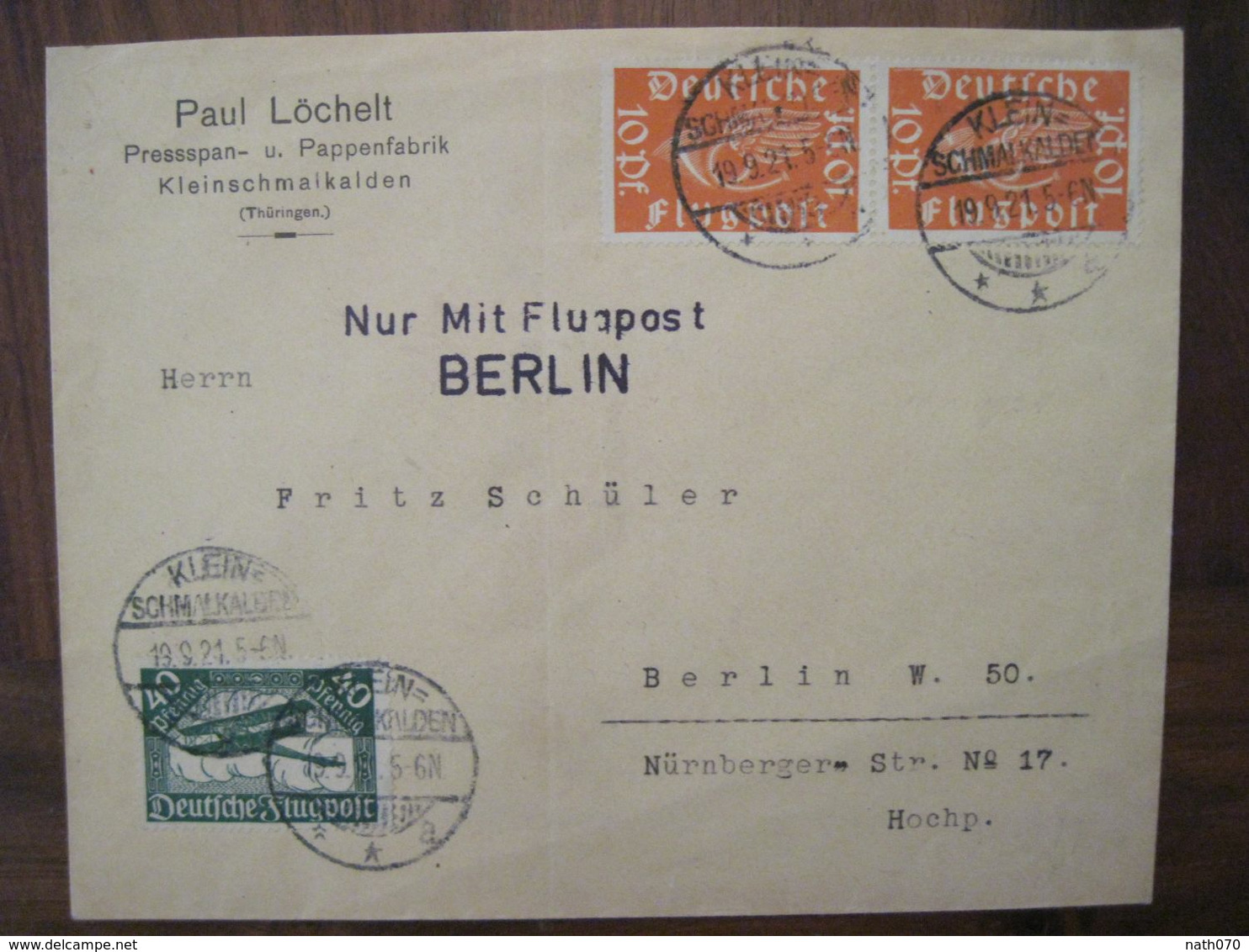 1921 Kleinschmalkalden Mit Flugpost Luftpost Air Mail Cover Deutsches Reich DR Germany Allemagne Floh-Seligenthal - Briefe U. Dokumente