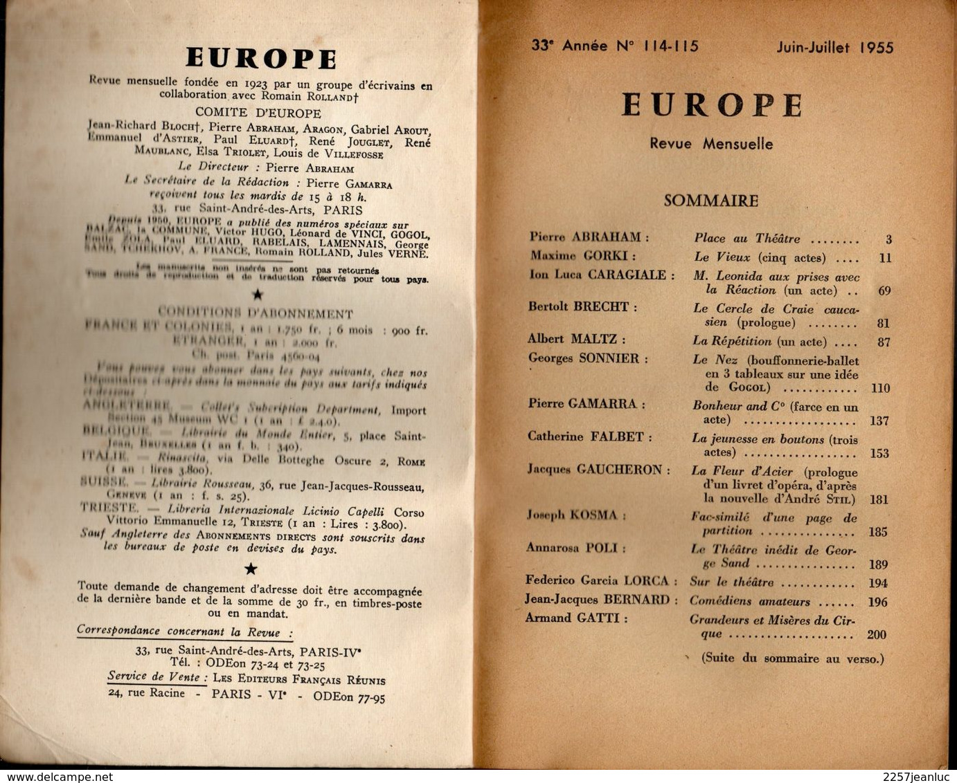 Revue Mensuelle De Théâtre -  Europe  N: 114.115 Juin 1955 - La Pléiade