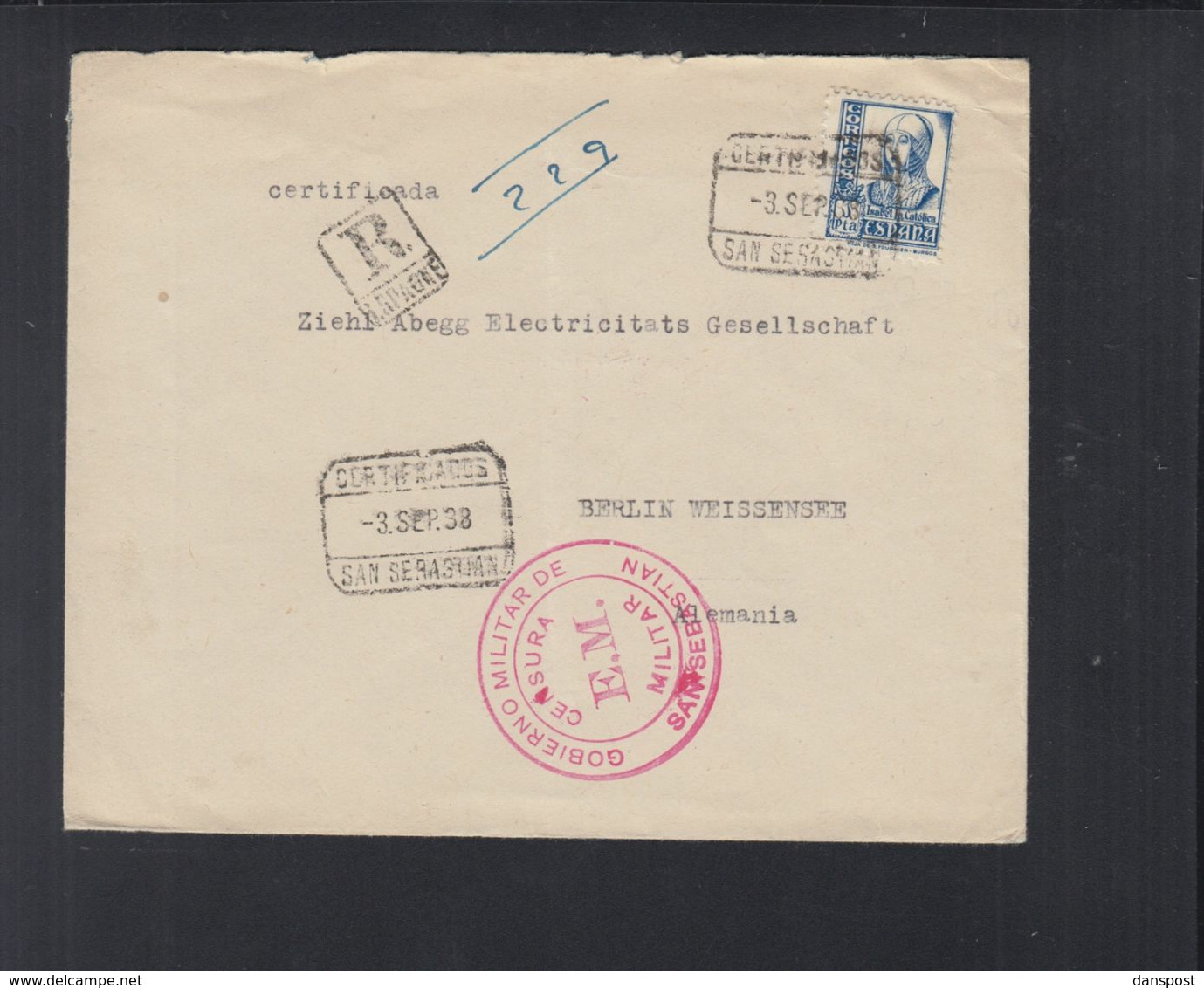 Spanien R-Brief 1938 San Sebastian Censura Militar - Covers & Documents