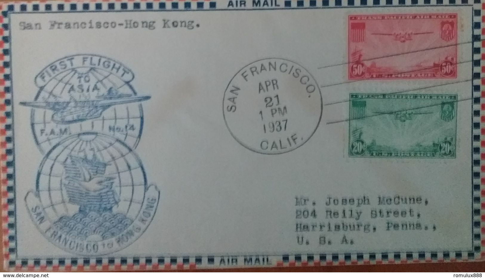 SAN FRANCISCO-HONG KONG FIRST FLIGHT 1937 (SC# C21-2 FAM 14). - Cartas & Documentos