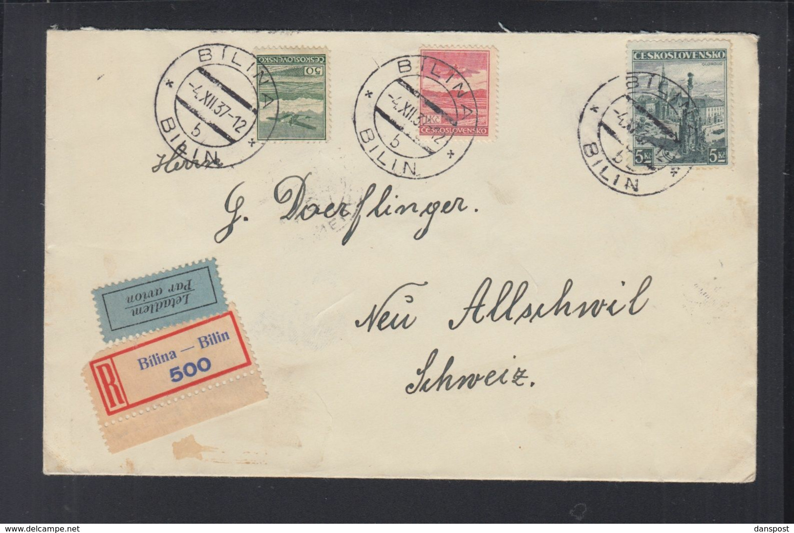 CSR Luftpost R-Brief 1937 Bilina Nach Schweiz - Storia Postale