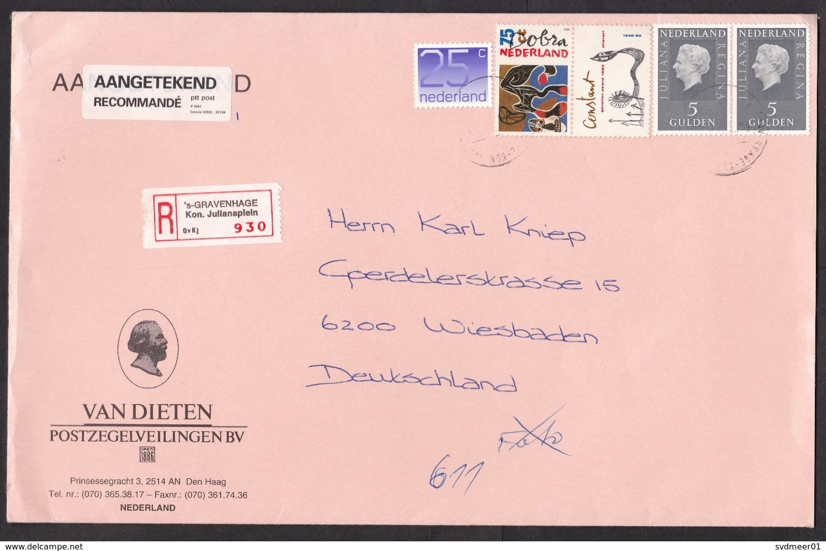 Netherlands: Registered Cover To Germany, 1980s, 4 Stamps, Art, R-label 's-Gravenhage Kon Julianaplein (minor Damage) - Cartas & Documentos