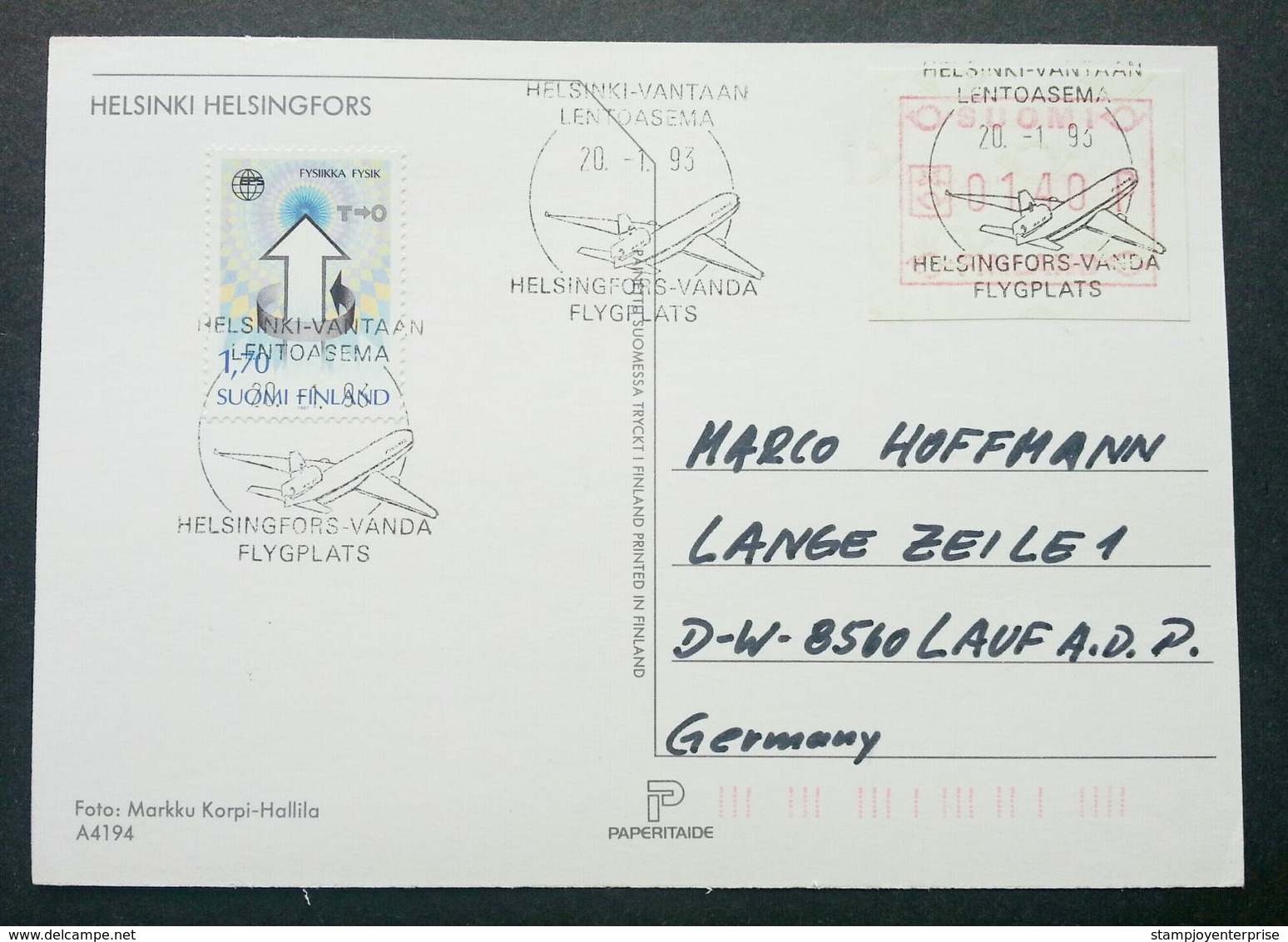 Finland 1993 Helsinki - Vantaan Flight ATM (Frama Label Postcard) *addressed - Brieven En Documenten