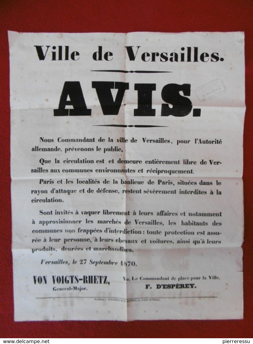 SIEGE DE PARIS AFFICHE VILLE DE VERSAILLES AVIS 27 SEPTEMBRE 1870 CACHET MORIN ENTREPRISE D AFFICHAGE & D ANNONCES - Afiches