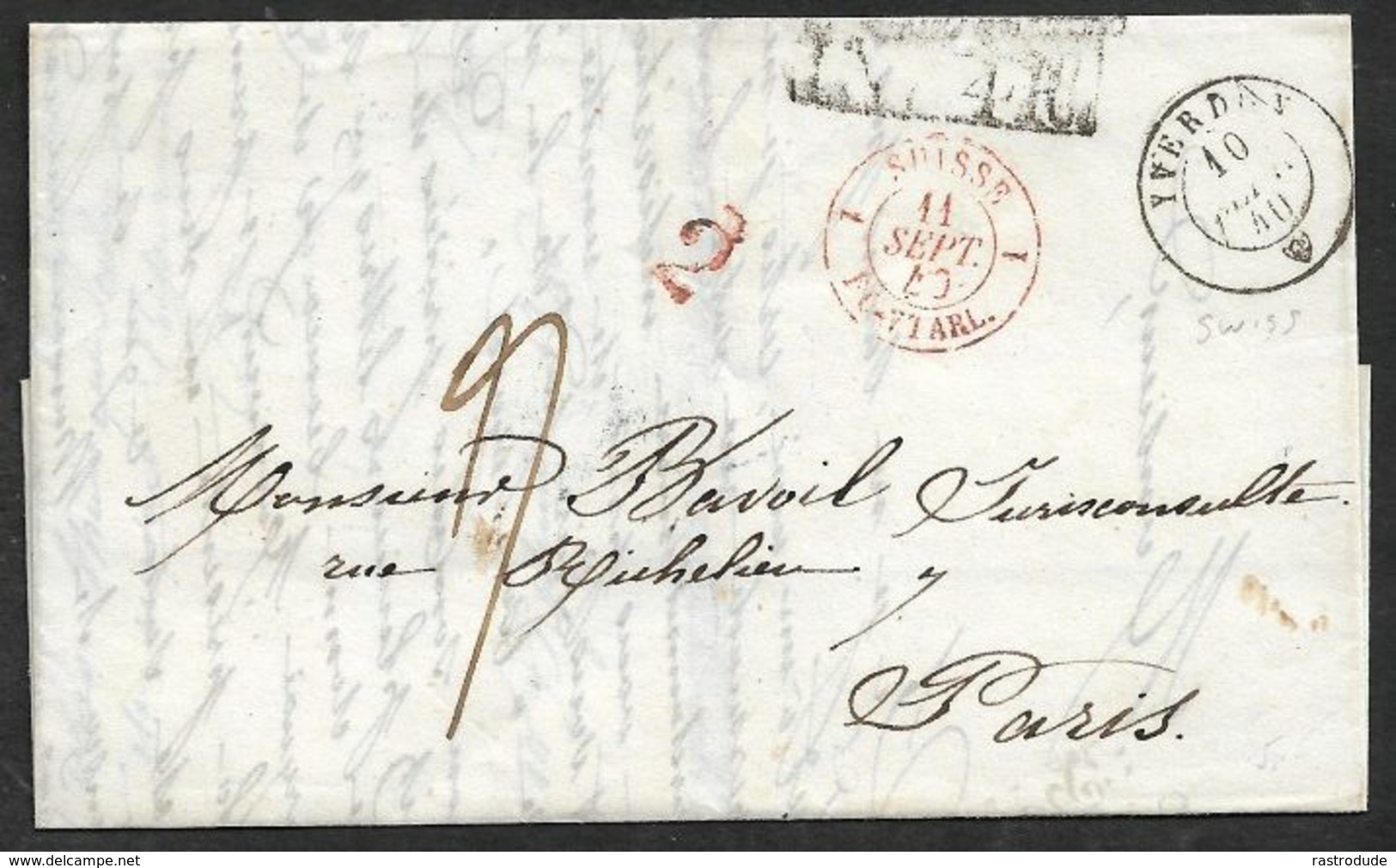 1840 SCHWEIZ - ALTBRIEF - YVERDON (Yverdon-les-Bains) A PARIS - 4 Rayon - SUISSE Bahnpoststempel - ...-1845 Vorphilatelie