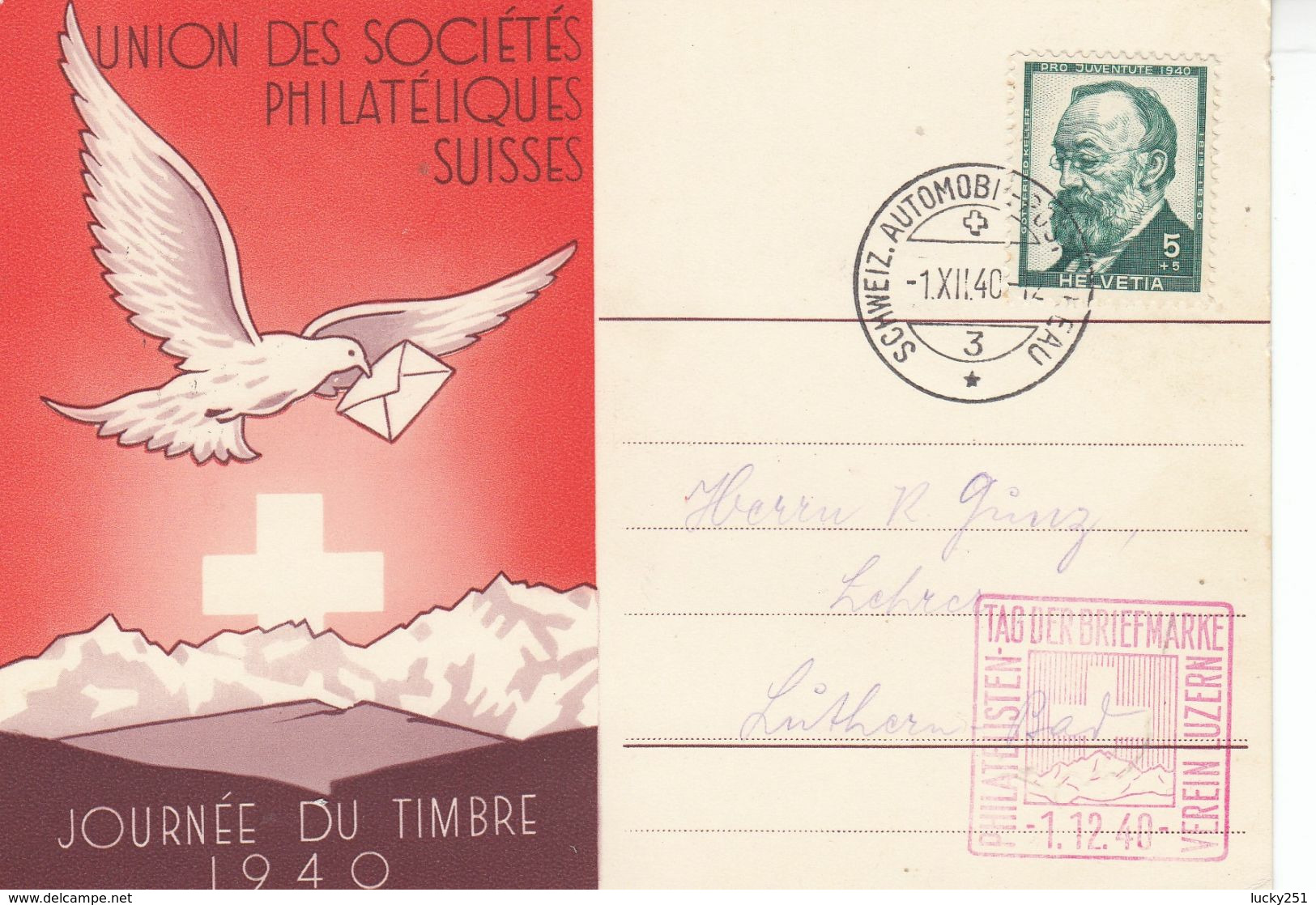 Suisse - Année 1940 - Oblitéré 01/12/1940 - Journée Du Timbre - Automobil-post - Cachet Luzern - Covers & Documents