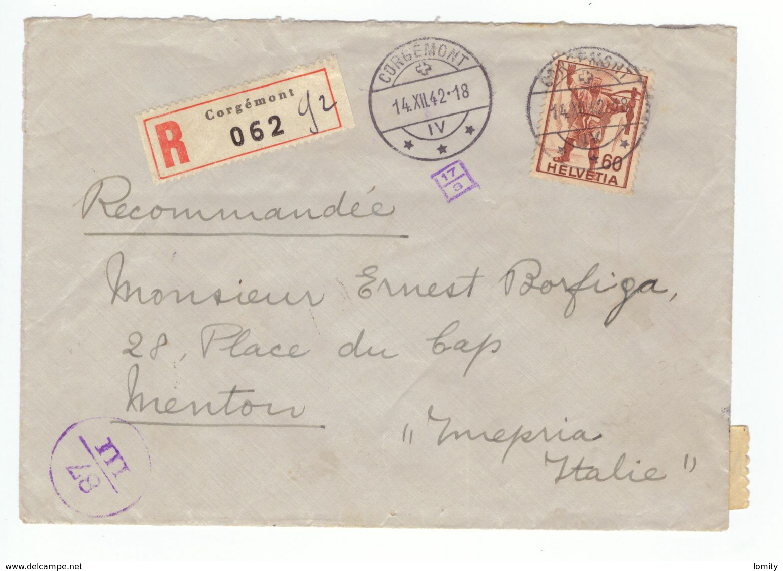 1942 - OCCUPATION ITALIENNE En FRANCE - RARE ENVELOPPE De CORGEMONT SUISSE Pour MENTONE MENTON Occupé - CENSURE - 2. Weltkrieg 1939-1945