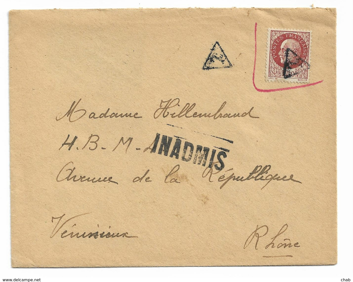 Timbres Pétain Sur Lettre -  INADMIS - T Dans Un Triangle Sur Lettre Et Timbre - Pétain Demonétisé - Libération - WW2 - WW II