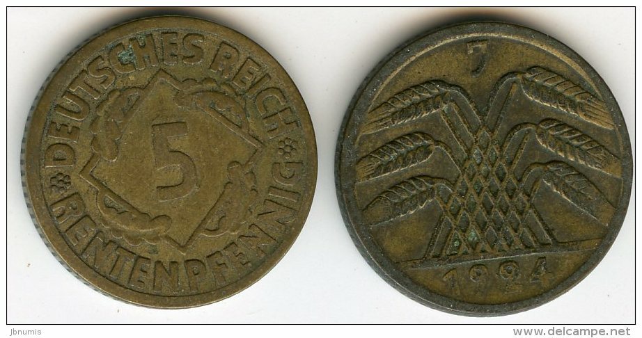 Allemagne Germany 5 Rentenpfennig 1924 J J 308 KM 32 - 5 Rentenpfennig & 5 Reichspfennig