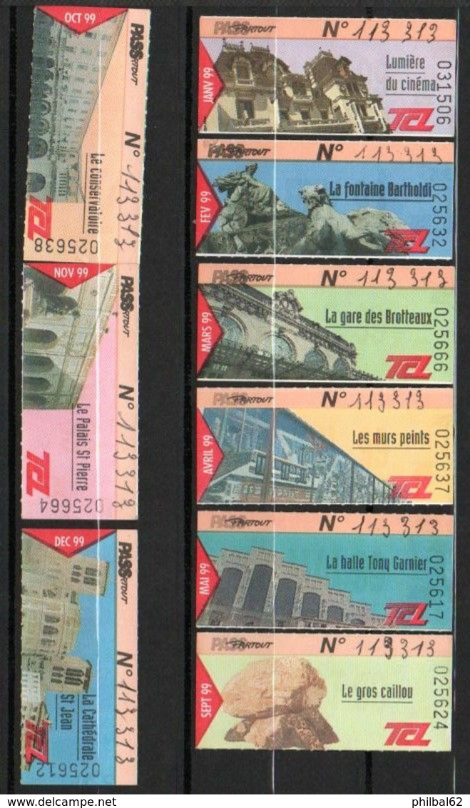 TCL. Lot De 9 Tickets "Pass Partout". Illustrations : Monuments Et édifices Lyonnais. Année 1999. - Ohne Zuordnung