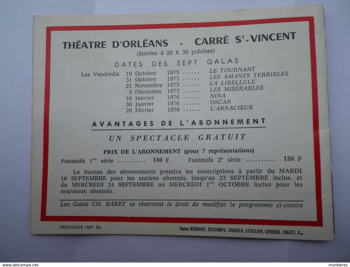 Théâtre D'Orléans Carré Saint-Vincent Programme 1975 Galas CH. BARRET Jean Marais Jean Piat Danielle Darrieux Loui Velle - 1950 - ...