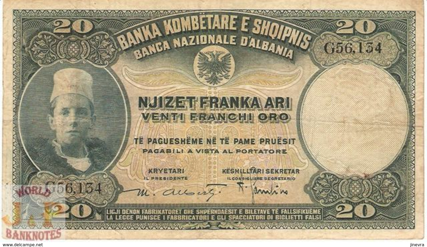 ALBANIA 20 FRANKA ARI 1926 PICK 3a AVF - Albania