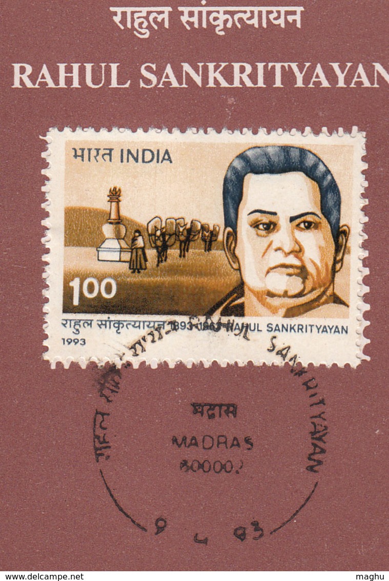 India FDC + Stamped Info., 1993, Rahul Sankrityayan, Traveller & Man Of Letters, To Ceylon / Tibet Buddhism Scripture, E - Buddhism