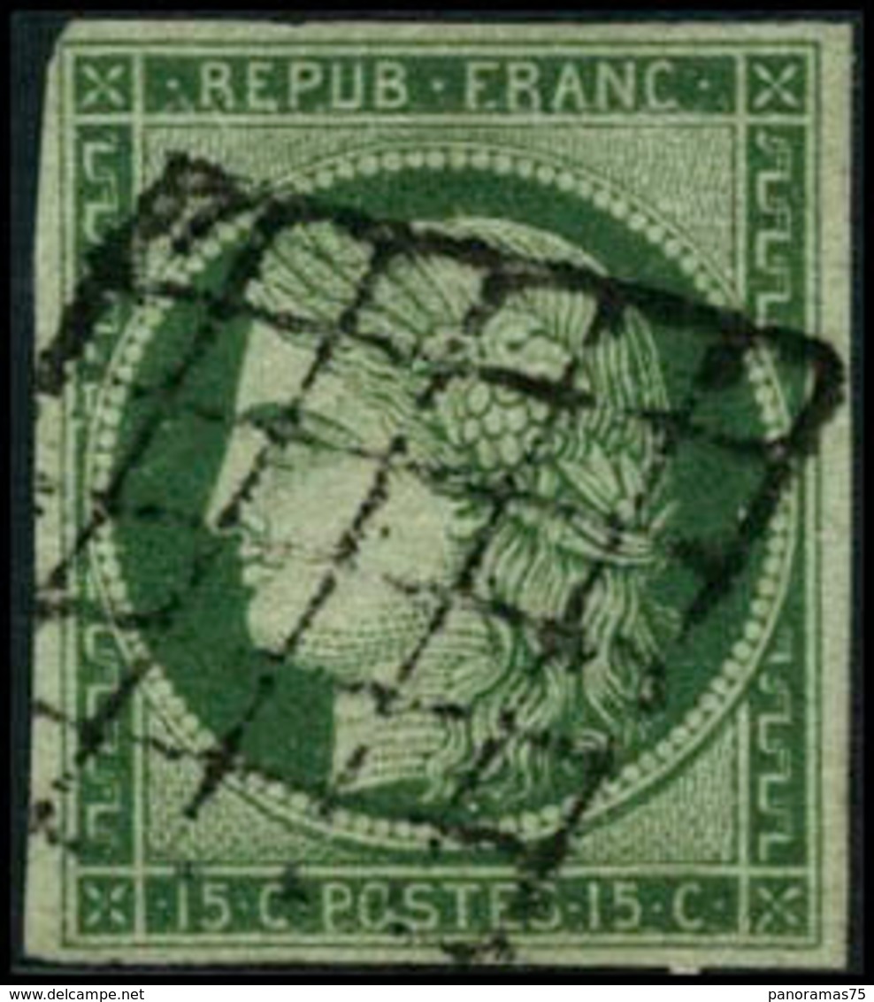 Oblit. N°2 15c Vert, Court En Haut à Gauche, Signé Brun - TB - 1849-1850 Ceres