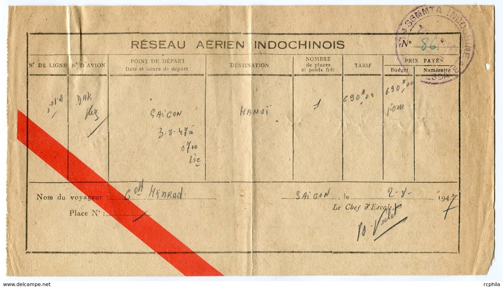 RC 14595 INDOCHINE 1947 BILLET D'AVION RESEAU AÉRIEN INDOCHINOIS SAIGON À HANOI TB - Europe